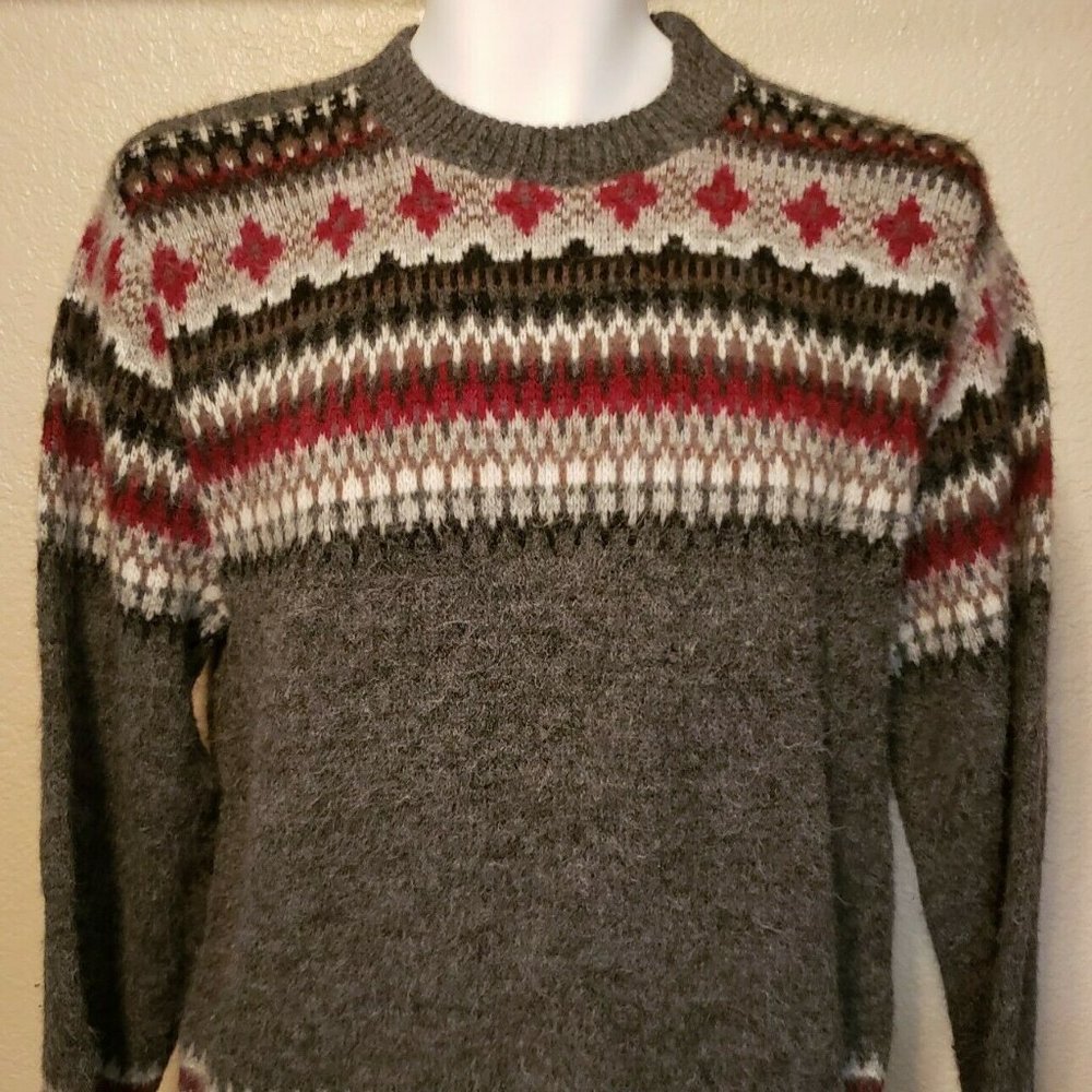 Campus Orlon Acrylic Gray Fair Isle Crew Neck Pullover Sweater Men’s Medium USA